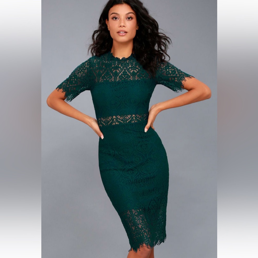 Lulu’s Green peek-a-boo lace midi dress.